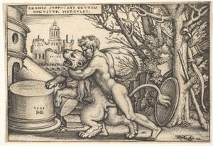 Hercules, i profil, dreper Nemean-løven med armen rundt halsen, fra 