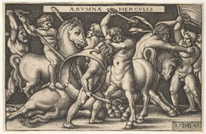 Hercules med klubben sin i sentrum kjemper mot en kentaur, andre menn kjemper mot kentaurer til venstre for en..., 1542.