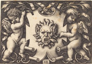 Mask holdt av Two Genii av Sebald Beham