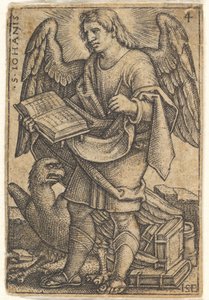 Plate 4: Saint John med hodet vendt tre fjerdedeler til venstre, med en bok i ri..., 1541. av Sebald Beham