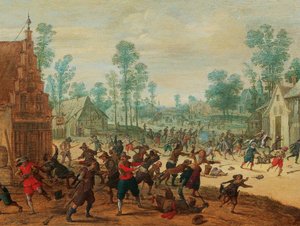 Kjempende soldater i en landsby, ca.1630.