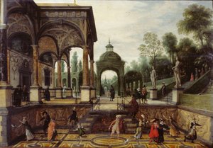 Italiensk hage med galleri og figurer, første tredjedel av 1600-tallet..