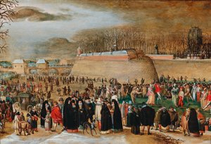 Vinterlandskap med karnevalsscene nær Kipdorppoort-bastionen i Antwerpen.