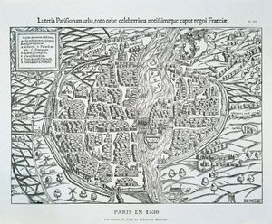 Paris byplan ca. 1530 (tregravering) av Sebastian (after) Münster