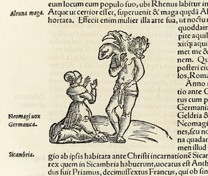 En heks tilkaller en trehodet demon, fra 1550-utgaven av 