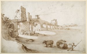 En fører som oppfordrer et lag okser til å svømme i Tiberen ved Ponte Milvio Crossing (penn og brunt blekk med brun vask på papir) av Sebastian Vrancx