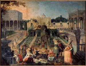 En fest i parken til hertugen av Mantua Piknik, musikk, galante scener i hagen til palasset til hertugen av Gonzaga (Gonzaga). Maleri av Sebastien Vrancx (1573-1647) 1600-tallet Søn. 1,42 x 1,88 m Rouen musee des Beaux Arts