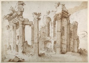 Kolumnerte ruiner av Minerva-tempelet, Forum of Nerva, Roma (penn og brunt blekk med vask på papir) av Sebastian Vrancx
