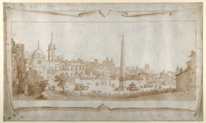 Design for en frontispice med utsikt over Roma inne i Porta del Popolo og utsikt over Pincio (penn og blekk med vask på papir) av Sebastian Vrancx