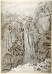 Rocks and falls of the Aniene at Tivoli (penn og brunt blekk med brun vask på hvitt papir) av Sebastian Vrancx