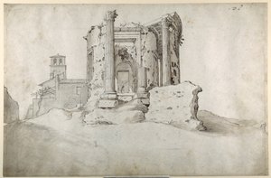 Ruinene av Temple of the Tiburtine Sibyl i Tivoli (penn og brunt blekk med gråbrun vask på hvitt papir) av Sebastian Vrancx