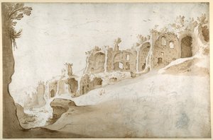 Ruiner på Palatinen: Domus Augustanus og Septimius Severus-palasset (penn og brunt blekk med brun vask og svart kritt på hvitt papir) av Sebastian Vrancx