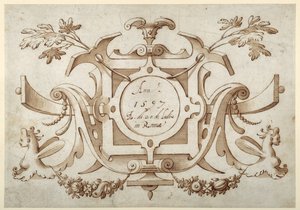 Strapwork cartouche assosiert med settet med Roman Views (penn og brunt blekk med brun vask på papir) av Sebastian Vrancx