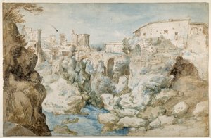 Utsikt over Tivoli med Temple of the Tiburtine Sibyl and the Falls (penn og blekk med brun og blå vask på papir) av Sebastian Vrancx