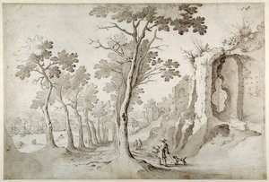 Utsikt over Porta Ripa fra en aveny med tre blant ruiner på Aventine ser ned på S. Maria dell