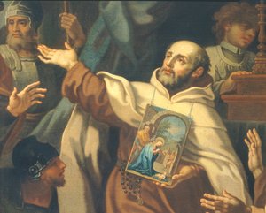Levering av ærverdige bilde av Vår Frue av Seieren til Fader Domenico di Gesu Maria, av Sebastiano Conca (1680-1764) Santa Maria della Vittoria-kirken, Roma