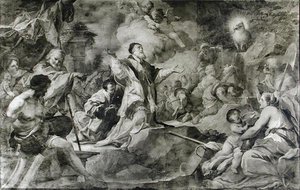 St. Clement som påkaller Guds lam for å produsere vann fra en stein på Krim (olje på lerret) (s/hvitt-bilde)