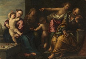 Jomfru og barn med spedbarnet Saint John, Saint Elizabeth og kunngjøringen til Joseph, ca. 1540 av Sebastiano Florigerio