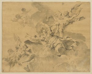 En dronning sendt til helvete av hevnende engler, ca. 1676-1746 (penn, blekk og vask på papir) av Sebastiano Galeotti