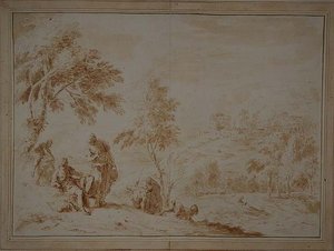 Omfattende pastoralt landskap med Hill-town, ca. 1720 (brunt blekk og vask) av Sebastiano Ricci