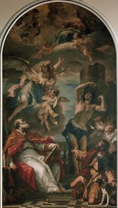 Jomfruen i herlighet med erkeengelen Gabriel, St Eusebius, St Sebastian og St Roch (olje på lerret av Sebastiano Ricci