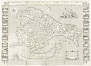 Ikonografisk representasjon av den illustrerte byen Venezia av Sebastiano Ricci, Lodovico Ughi, Giovanni Antonio Faldoni for the map, with Francesco Zucchi