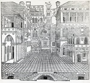 Magisk scene, teatralsk scenedesign av Sebastiano Serlio (1475-1554), illustrasjon fra Treatise on Architecture, bok II