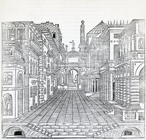 Magisk scene, teatralsk scenedesign av Sebastiano Serlio (1475-1554), illustrasjon fra Treatise on Architecture, bok II