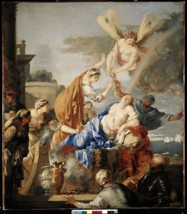 La mort de Dido"" (Didos død) Dido, dronningen av Kartago, som ikke er i stand til å bære forlatelsen av Aeneas, foretrekker å drepe seg selv på bålet med Aeneas sverd. Gudinnen Iris klipper Didos hår med saks, et symbol på passasjen mellom