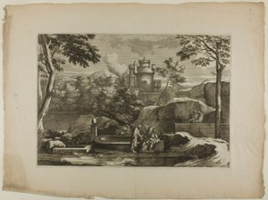 Utsikt over en by (Kristus med den barmhjertige samaritan ved brønnen) av Sébastien Bourdon