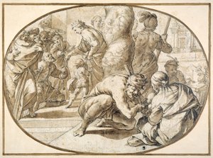 En dronning som deler ut almisser til en forkrøplet tigger i templet i Jerusalem, tidlig på 1600-tallet (penn og brunt blekk med brun vask) av Second School of Fontainebleau
