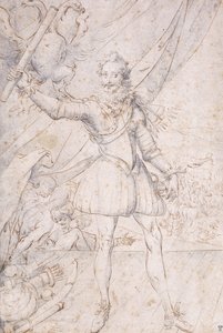 Kong Henry IV, i full lengde, et trofé av de osmanske armene ved hans føtter, løfter en rulle foran en ørn (svart kritt, penn og brunt blekk med blå vask) av Second School of Fountainebleau