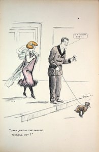 Par som venter på at en hund skal fullføre virksomheten sin, ca. 1921 (farge litho) av Sem