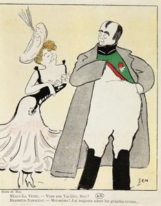Skuespiller Albert Bresseur 1901 (1862-1932) i rollen som Napoleon i Madame Sans-Gene, av Victorien Sardou (1831-1908), karikatur fra 1893 (illustrasjon) av Sem