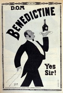 Reklame for fordøyelsessystemet "" Benedictine"" En kaffegutt bærer en flaske på et brett. Tegning av Sem (1873-1932). 1910 av Sem