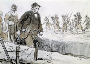 Første verdenskrig: Portrett av Clemenceau (1841-1929) i et hylse på besøk ved fronten. Tegning av Georges Goursat dit Sem (1863-1934) av Sem