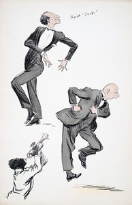 To menn i dress danser mens en musiker spiller trompet, fra White Bottoms, pub. 1927 (fargeblokktrykk) av Sem