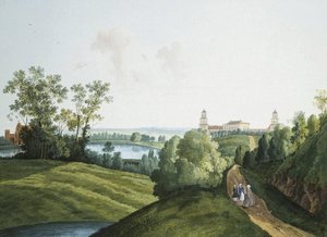 ""Landskap med en gård i parken i Tsarskoye Selo"" av Semyon Fyodorovich Shchedrin (Semion Chtchedrine) (1745-1804). Gouache og blekk på papir
