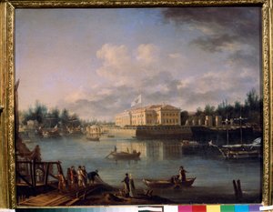 Utsikt over Kamennoostrovsky-palasset fra Strogonov-vollen, St. Petersburg. Maleri av Semyon Fyodorovich Shchedrin (Semion Shchedrin) (1745-1804), olje på lerret