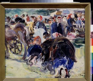 En rettferdig (A Fair). Provinsiell markedsplass med bondekvinner og handelsmenn. Maleri av Semyon Gavrilovich Nikiforov (1877-1912), olje på lerret av Semen Gavriilovich Nikiforov