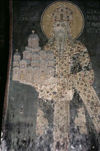 Kong Stephen Uros II Milutin (r.1282-1321) med en modell av kirken, 1311-21