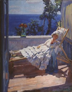 En dame på balkongen, 1916 av Sergei Arsenevich Vinogradov