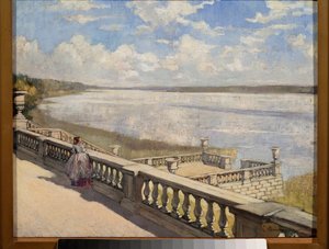 Sunny Day, A Lady At The Balustrade - Maleri av Sergei Arsenyevich Vinogradov (1869-1938), olje på lerret av Sergei Arsenevich Vinogradov