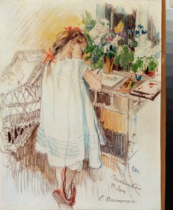 Une petite (A Little One) - Oeuvre de Sergei Arsenyevich Vinogradov (1869-1938), crayon de couleur sur papier   1325051   no       norwegian Successfully Translated  Original: Blumenstillleben mit Weintrauben, Kürbis und Granatäpfeln Translat: Blumenstilll av Sergei Arsenevich Vinogradov