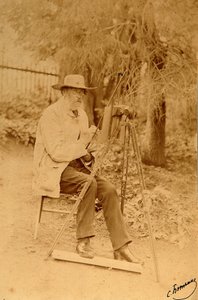 Portrett av poeten Yakov Petrovich Polonsky (Iakov Petrovitch Polonski) (1819-1898) ved staffeliet. Albumin-foto av Sergei Dmitrievich Botkin (1869-1945) av Sergei Dmitrievich Botkin