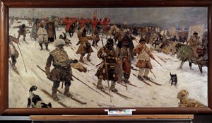 russisk militærkampanje på 1500-tallet; (Russens militære kampanje på 1500-tallet). Russiske krigere på ski som rykker frem gjennom snøen. Maleri av Sergei Vasilyevich Ivanov (1864-1910), olje på lerret