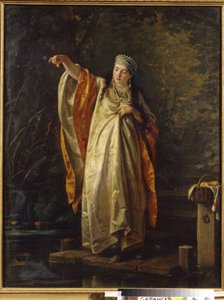 Kvinne Boyar (boyar, boyar) ved tankfôrfisk. (Boyars kone ved reservoaret). Maleri av Sergei Ivanovich Gribkov (1820-1893), olje på lerret