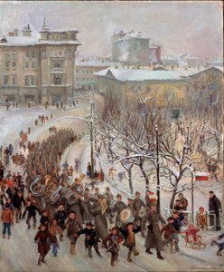 Den røde hærs menn. Parade av Sovjetunionens tropper i gatene i en snødekt by under andre verdenskrig (1939-1945), innledet av marsjerende band og akkompagnert av glade barn. Maleri av Sergei Ivanovich av Sergei Ivanovich Markin