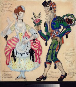 Forberedende kostymer til teaterstykket ""Le mariage de Figaro"" av Pierre Augustin Caron de Beaumarchais (1732-1799) (Kostumedesign for teaterstykket Figaros bryllup av Beaumarchais) - Verk av Sergei Yurievich Sudeykin (Serge Soudeiki)