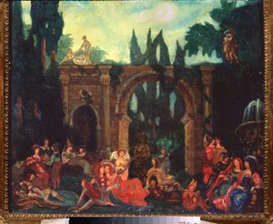 Forberedende dekor for stykket ""Le Decameron"" av Giovanni Boccaccio (Jean Boccace